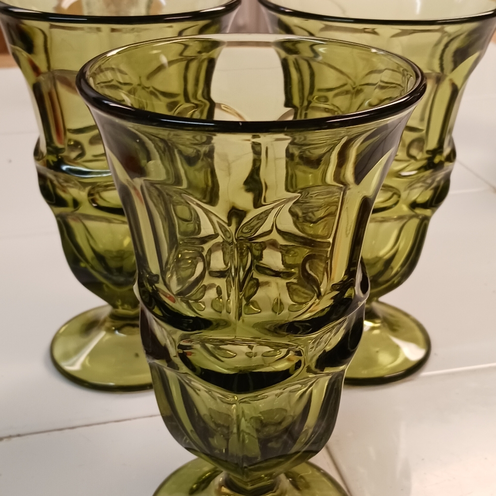 Vintage Fostoria Argus Iced Tea Glass Goblet in Avocado Olive Green set of 3